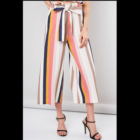 DO+BE Pants - Do + Be women's multi striped linen blend paperbag waist cropped palazzo pants